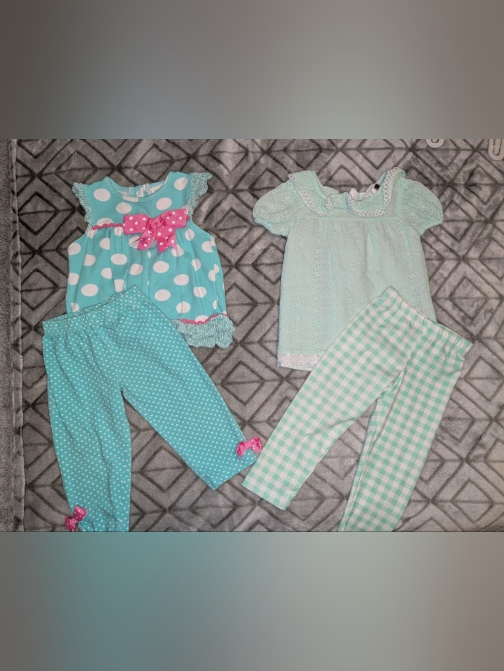 Girls Light Teal Polka Dot and Gingham Pajama Set - Cute Bow Detail